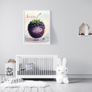 Cute watercolor kawaii blackberry wearing little boots with the word "Brave" above, nursery wall art illustration.