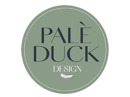 Circular Pale Duck Design logo with brand name and white duck feather icon