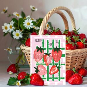 Illustration of five sweet strawberries over a pink and green gingham plaid pattern with the text 'Picked For You'.