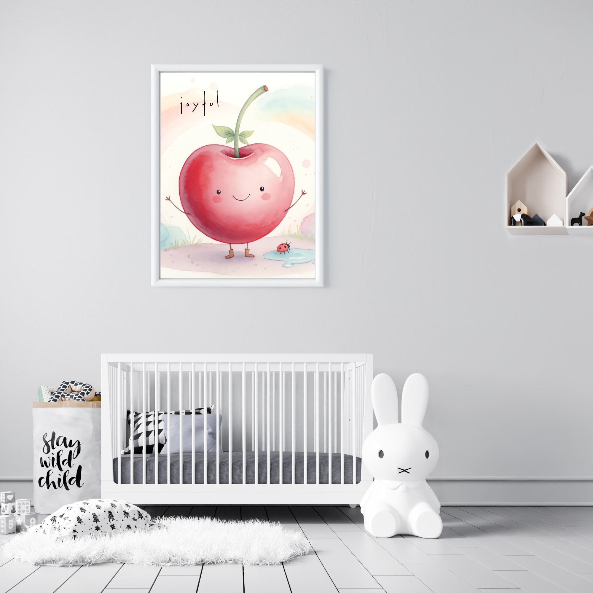 Cute watercolor kawaii cherry wearing little boots with the word "Joyful" above, nursery wall art illustration.