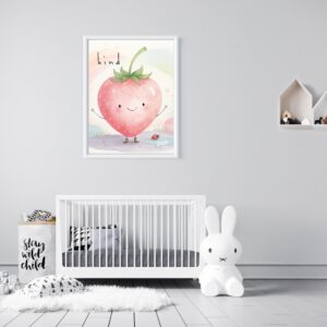 Cute watercolor kawaii strawberry wearing little boots with the word "Kind" above, nursery wall art illustration.