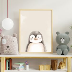Cute watercolor beach penguin with playful details, illustrated as charming nursery wall art.