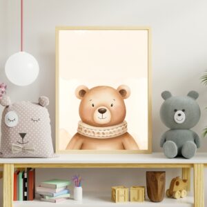 Cute watercolor forest bear wearing a cozy neck warmer, nursery wall art illustration.
