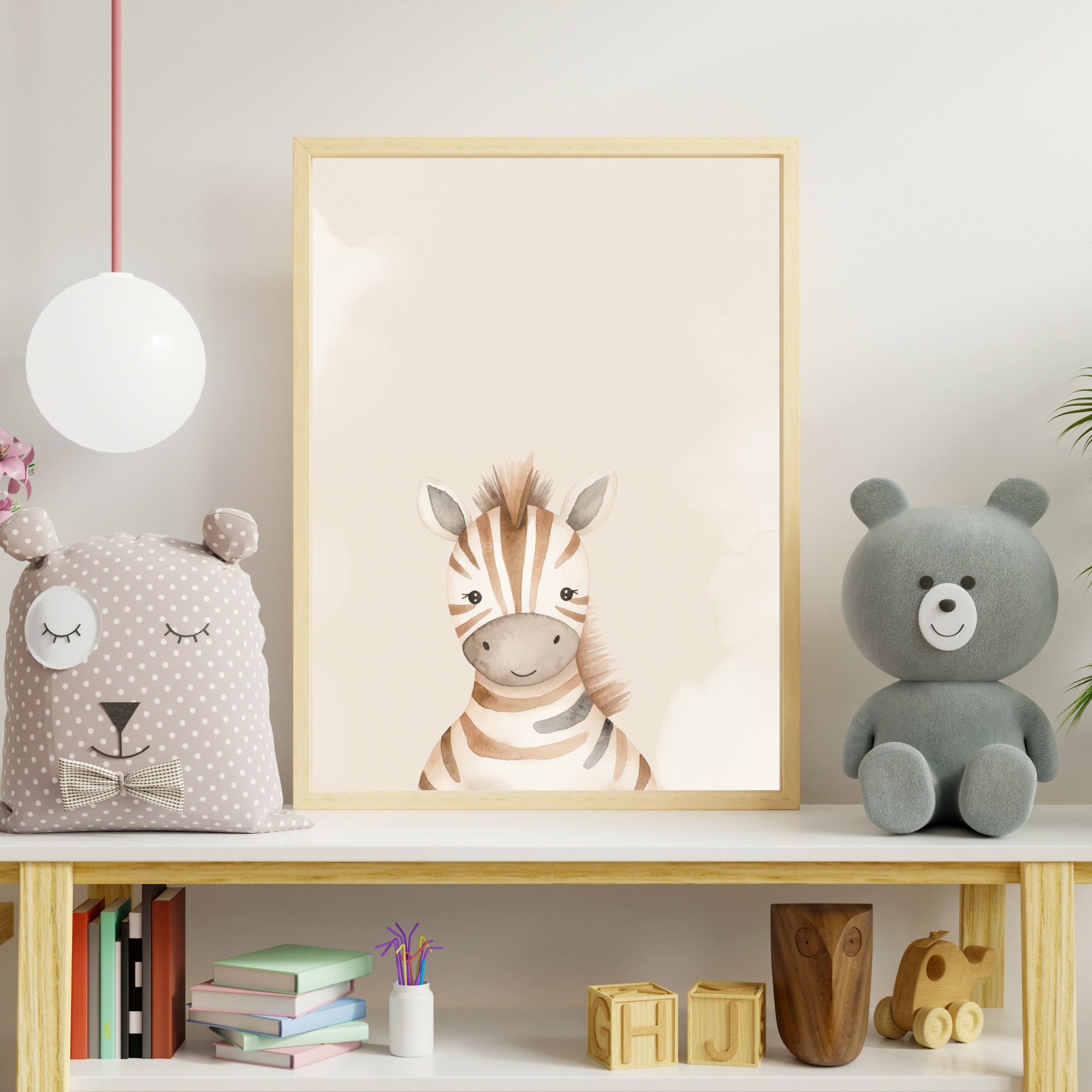 Cute watercolor safari zebra with soft brown stripes, designed as nursery wall art.