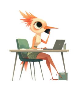Creative bird character working on a laptop, representing the PaleDuckDesign brand and original design process.