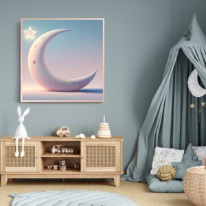 Pastel crescent moon with a bright star, illustrated as calming nursery wall art for bedtime-themed décor.