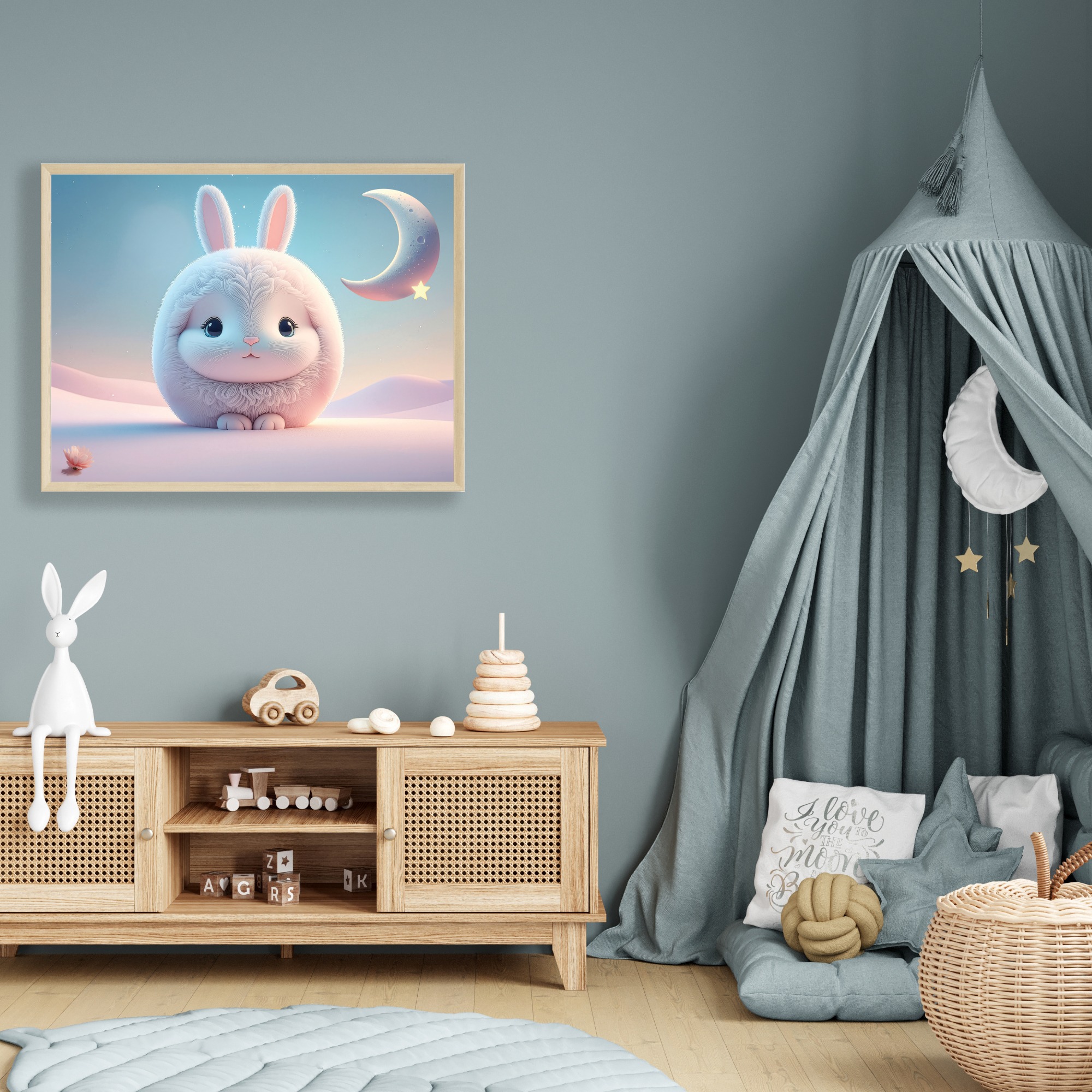 Plush Bunny and Lullaby Moon Nursery Wall Art
