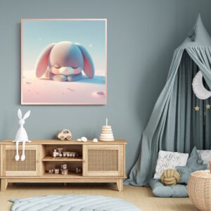 Sleeping plush bunny resting on a soft pastel landscape, creating a peaceful bedtime nursery wall art print.