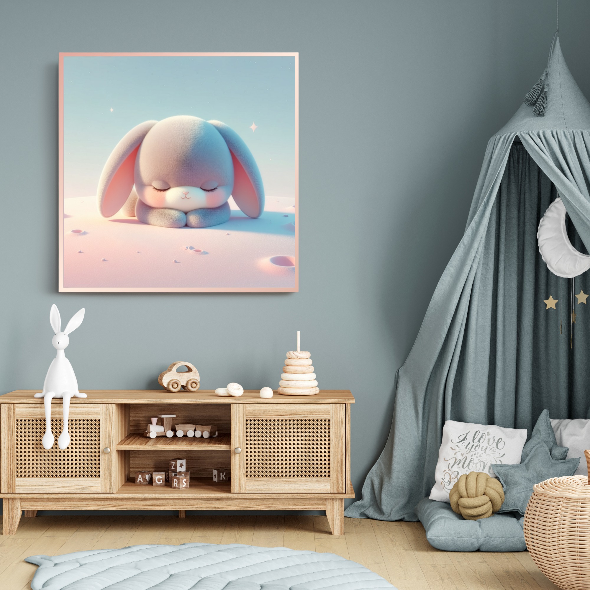 Sleeping plush bunny resting on a soft pastel landscape, creating a peaceful bedtime nursery wall art print.